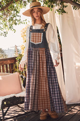 Washed Denim Mixed Plaid Maternity Overall Dress