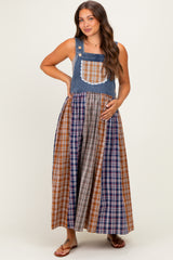 Washed Denim Mixed Plaid Maternity Overall Dress