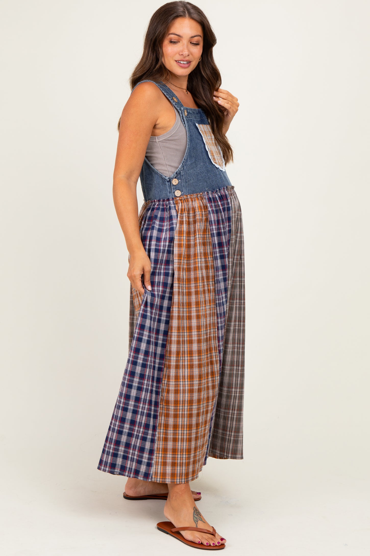 Washed Denim Mixed Plaid Maternity Overall Dress