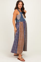 Washed Denim Mixed Plaid Maternity Overall Dress