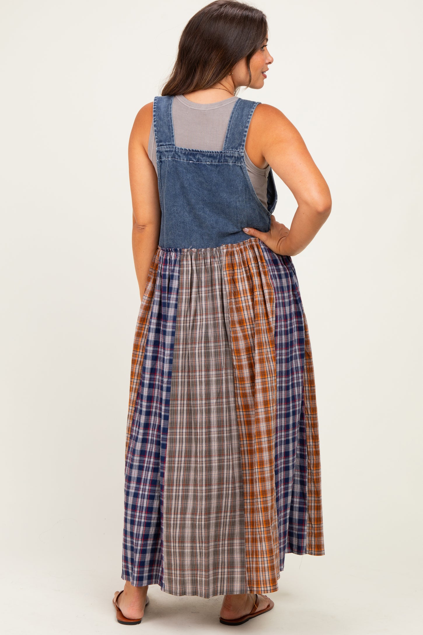 Washed Denim Mixed Plaid Maternity Overall Dress