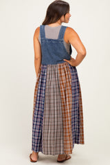 Washed Denim Mixed Plaid Maternity Overall Dress