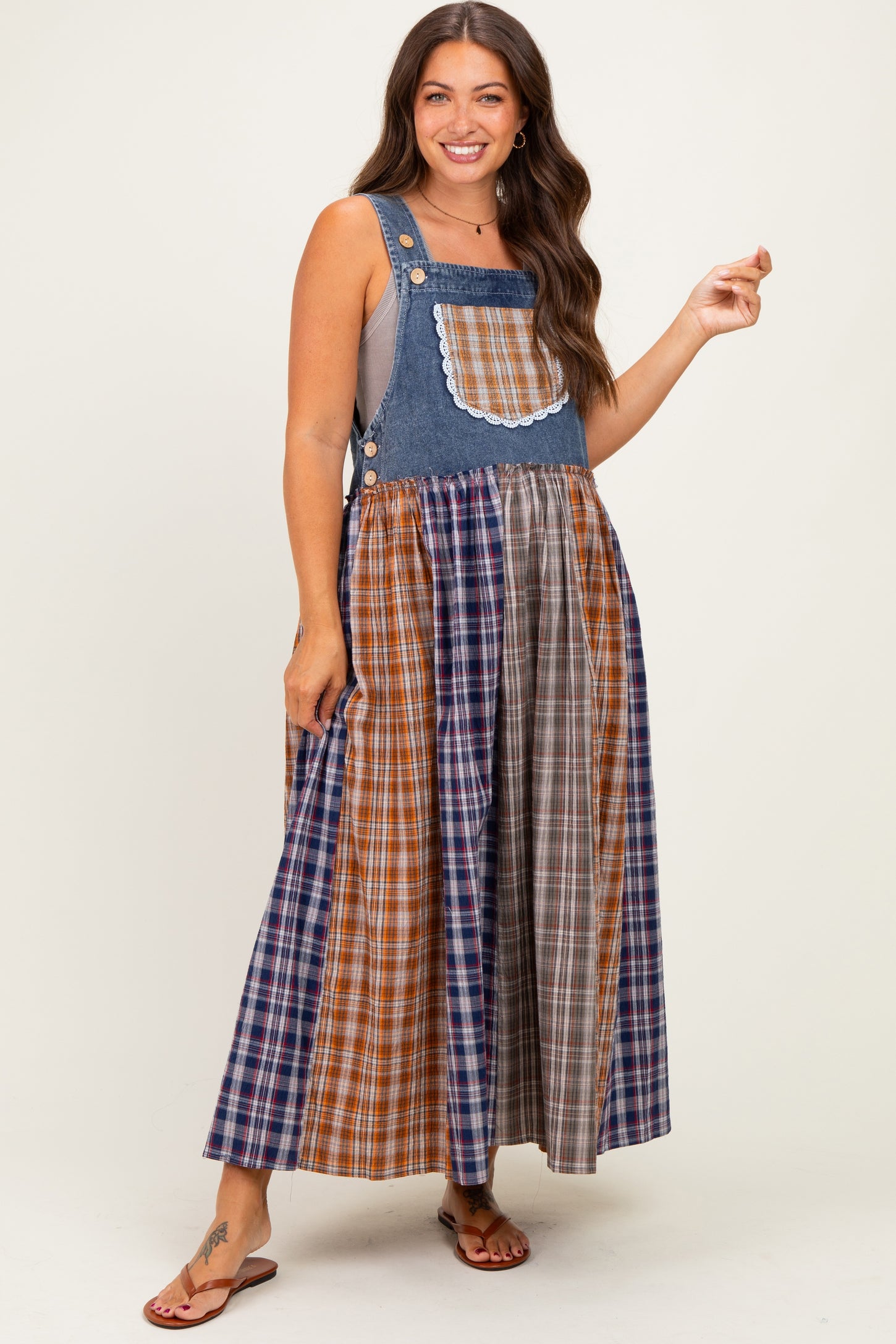 Washed Denim Mixed Plaid Maternity Overall Dress