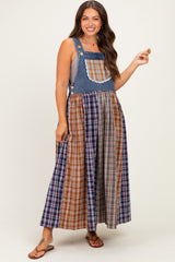 Washed Denim Mixed Plaid Maternity Overall Dress
