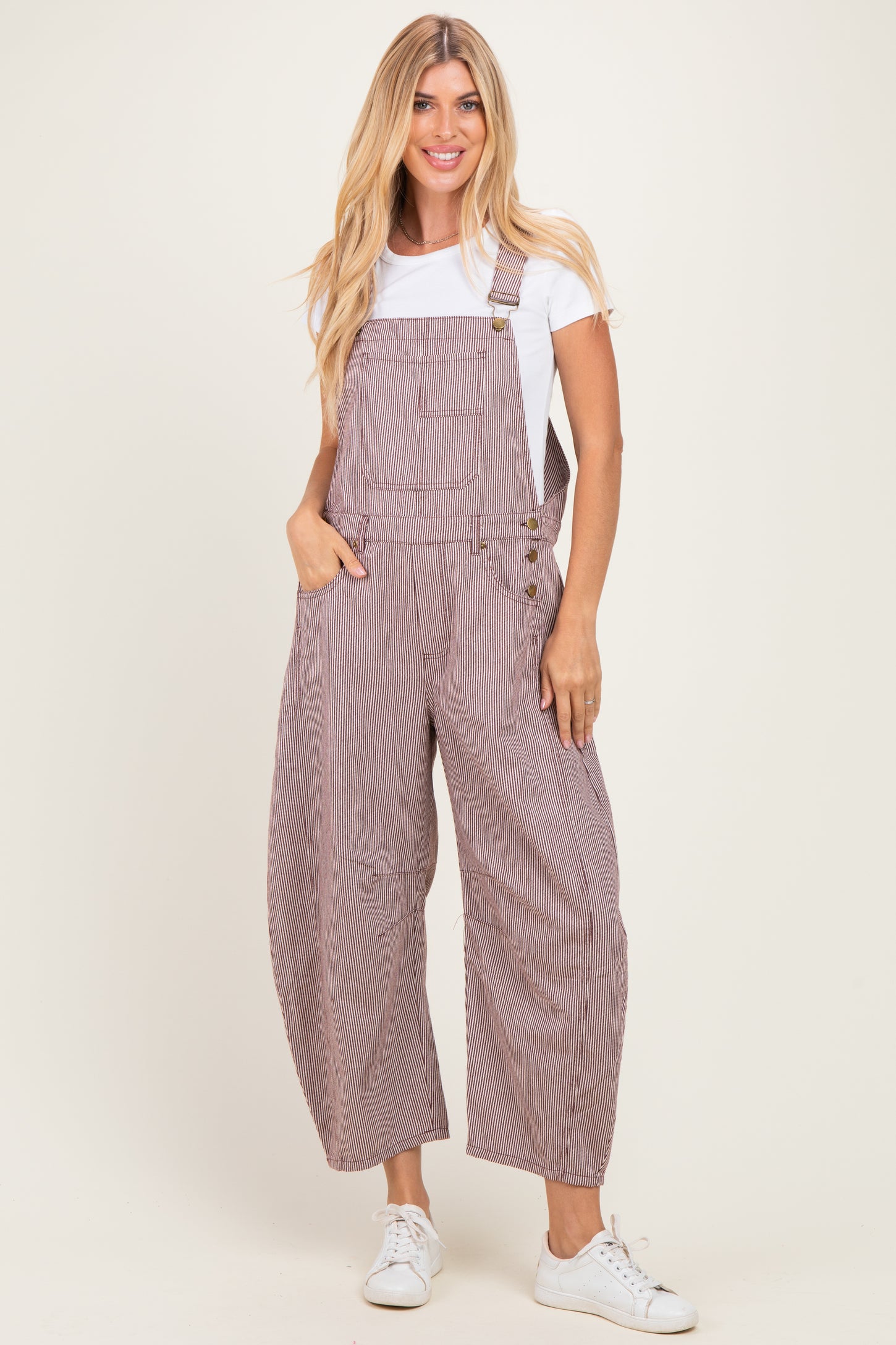 Brown Pinstriped Barrel-Leg Overalls