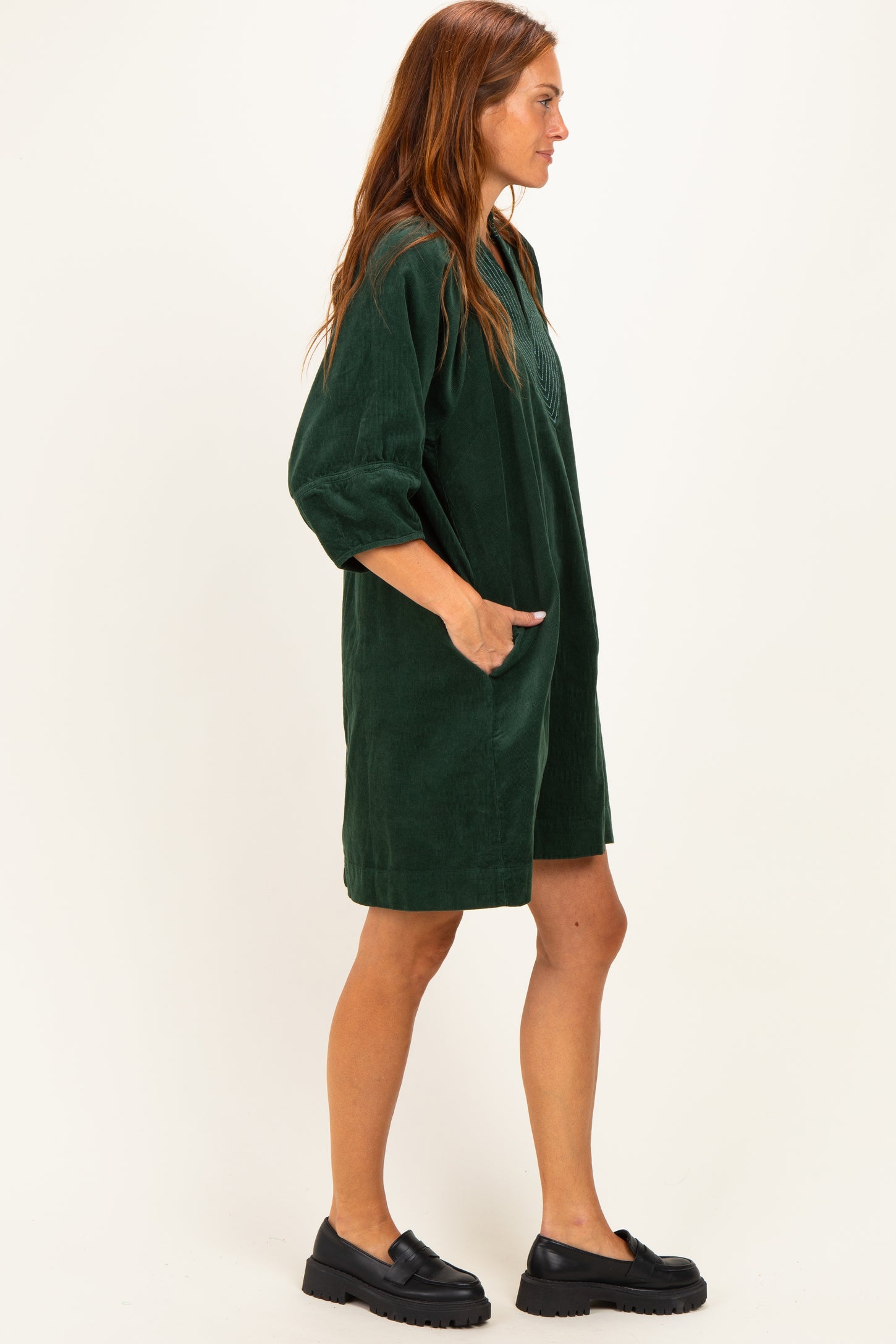 Forest Green Coduroy Contrast Stitched Dress