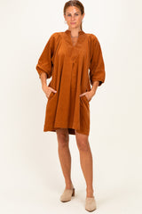 Camel Coduroy Contrast Stitched Dress