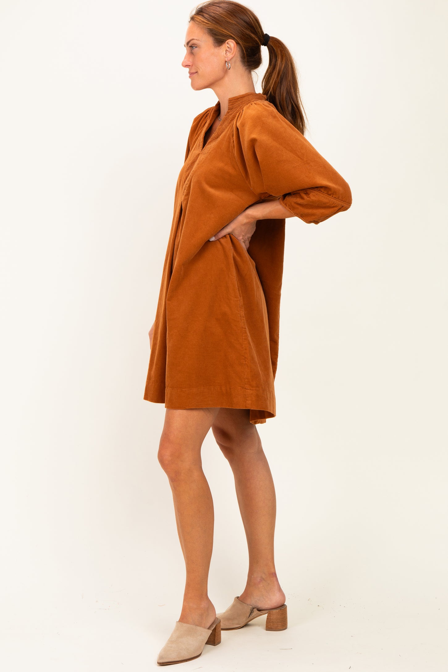 Camel Coduroy Contrast Stitched Dress