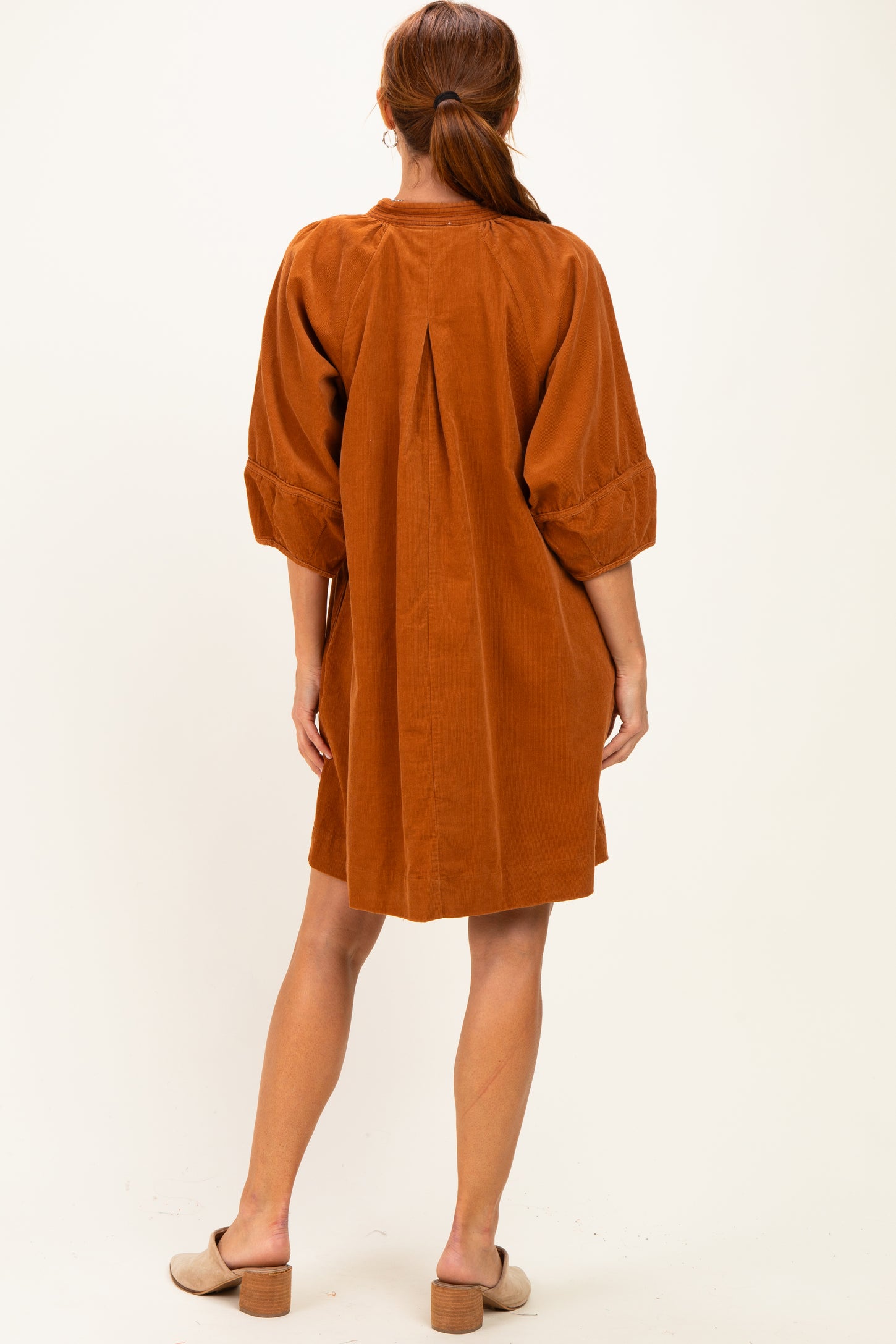 Camel Coduroy Contrast Stitched Dress
