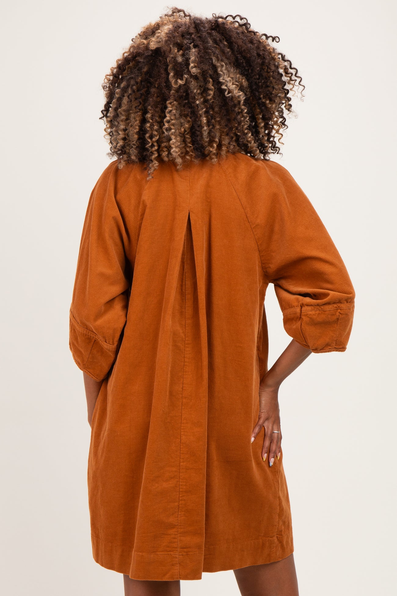 Camel Coduroy Contrast Stitched Maternity Dress