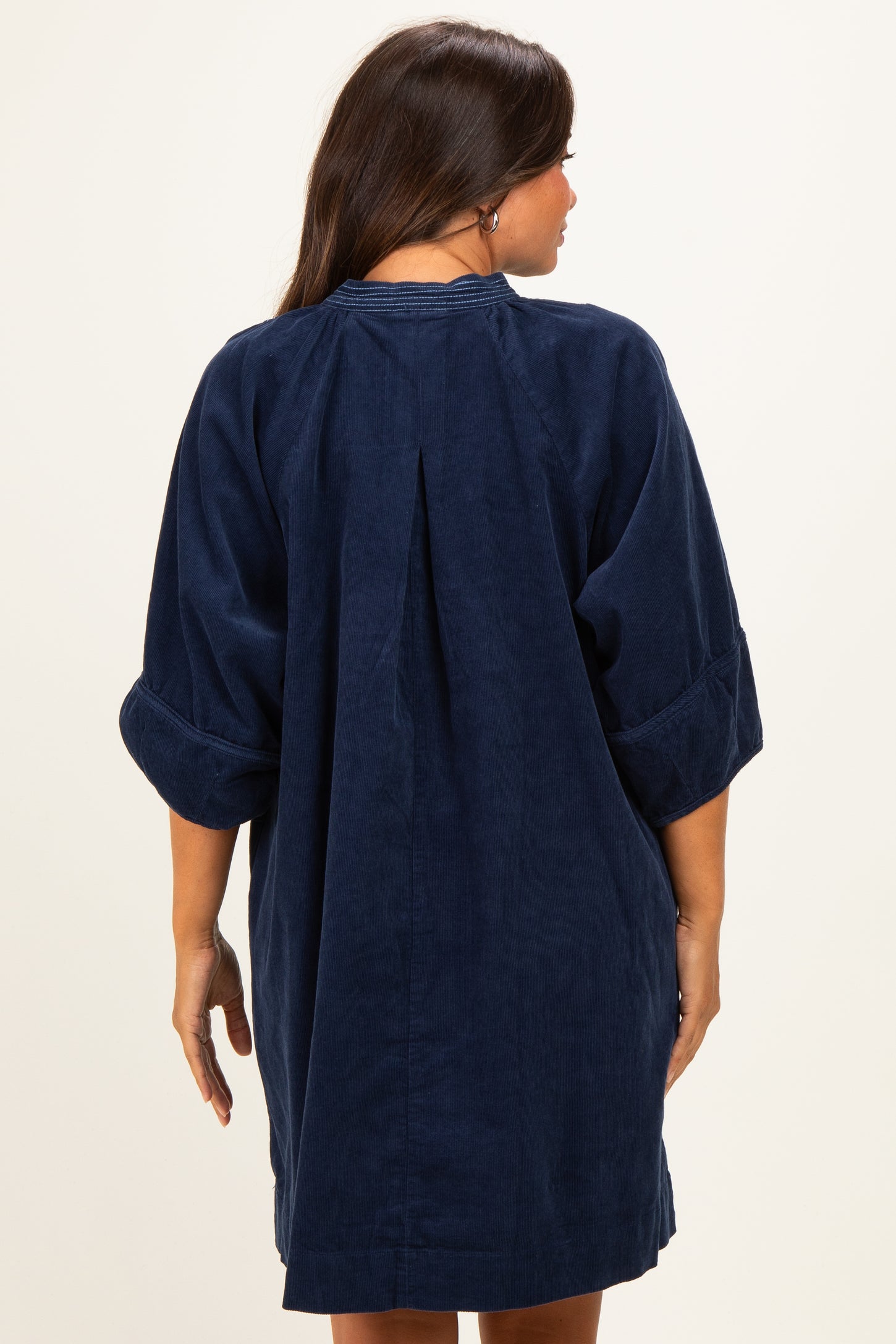 Navy Corduroy Contrast Stitched Maternity Dress
