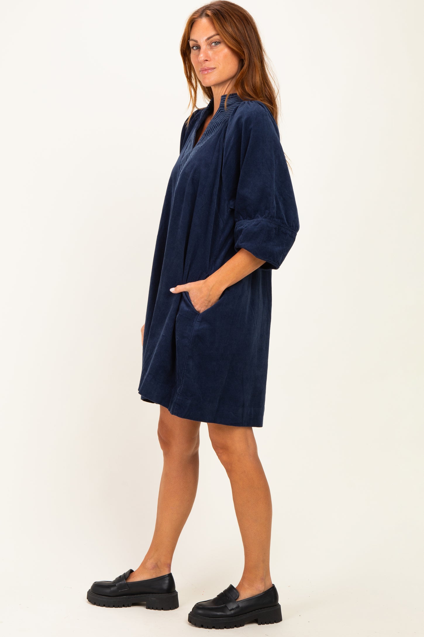 Navy Coduroy Contrast Stitched Dress