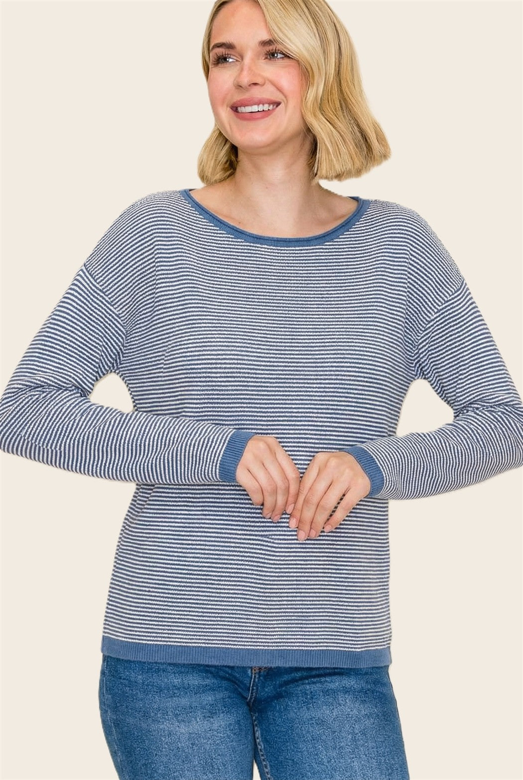 Denim Blue Striped Waffle Knit Sweater