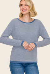 Denim Blue Striped Waffle Knit Sweater