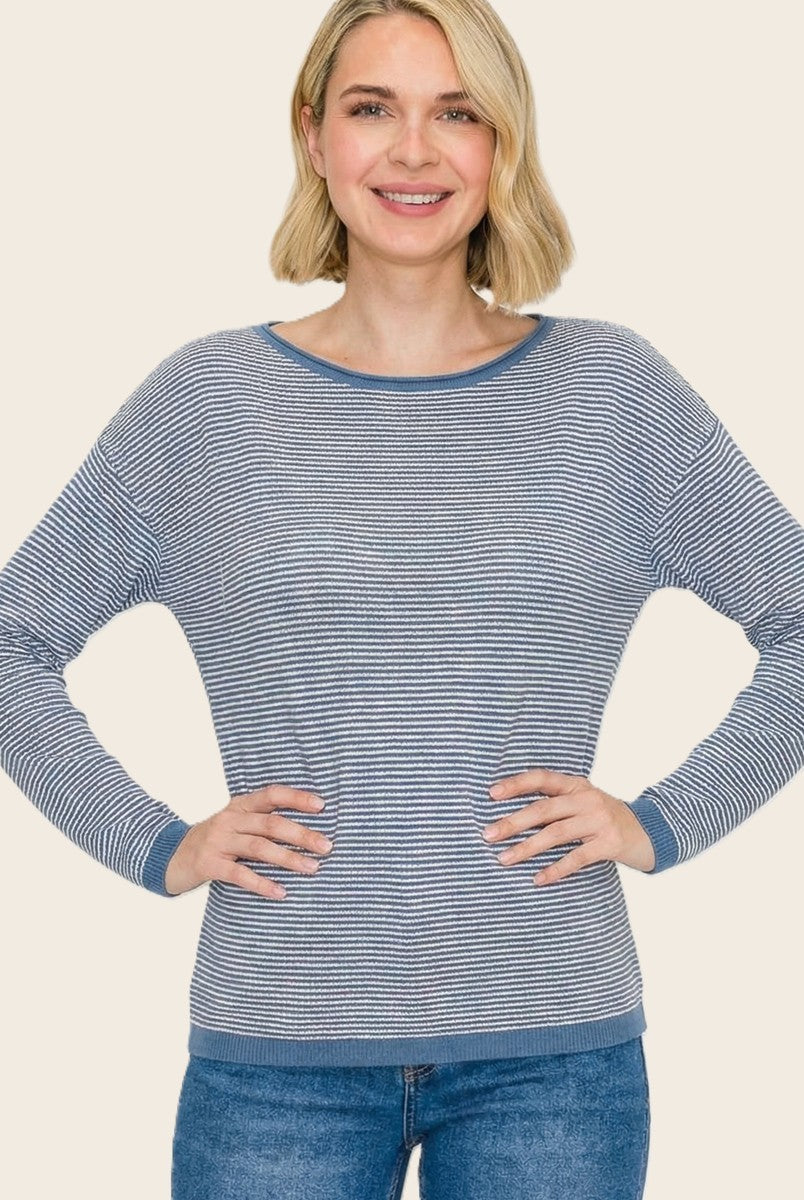Denim Blue Striped Waffle Knit Sweater