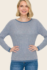Denim Blue Striped Waffle Knit Sweater