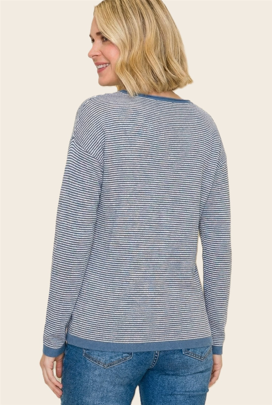 Denim Blue Striped Waffle Knit Sweater