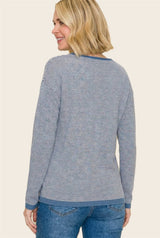 Denim Blue Striped Waffle Knit Sweater