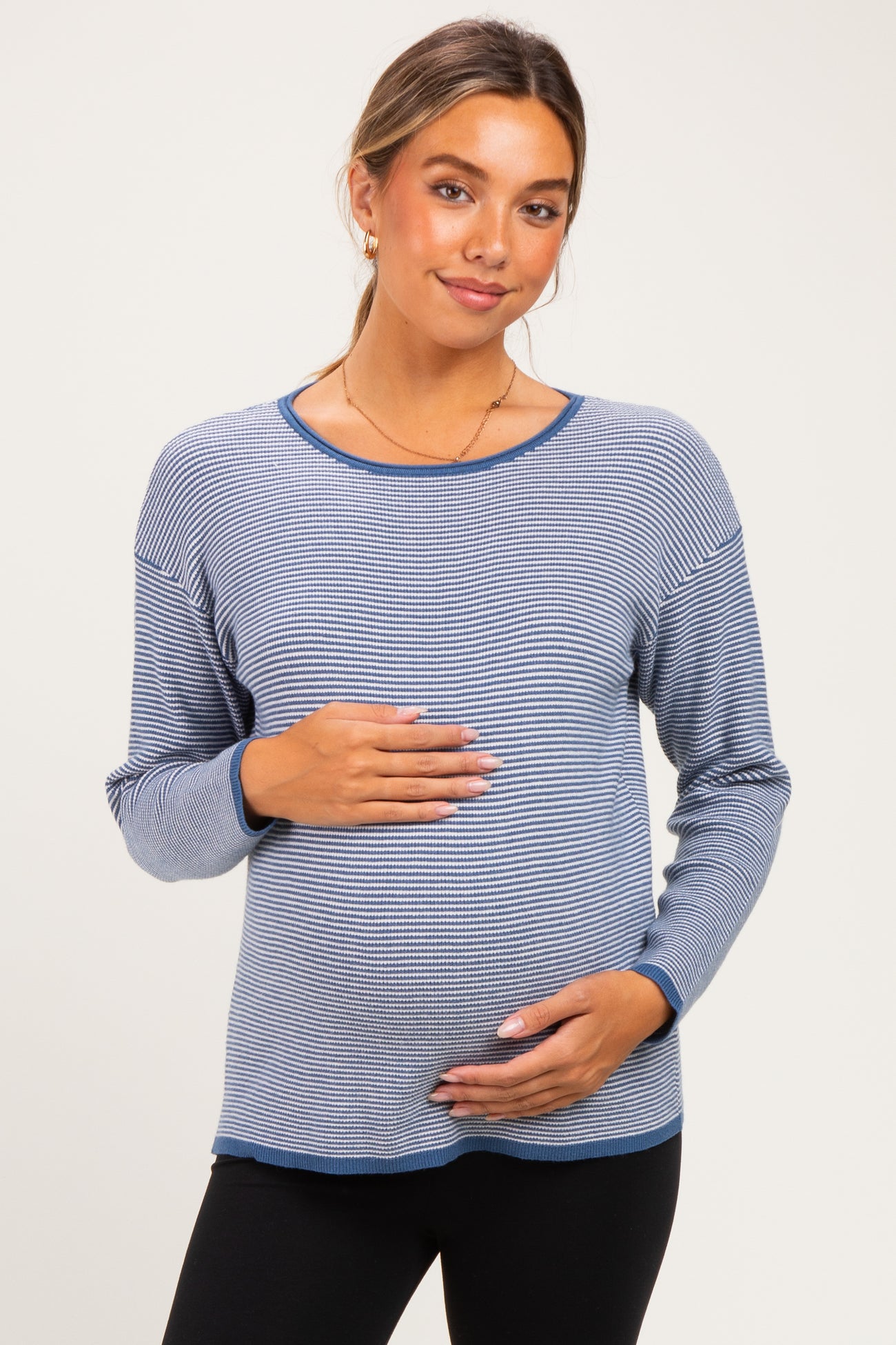 Denim Blue Striped Waffle Knit Maternity Sweater