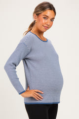 Denim Blue Striped Waffle Knit Maternity Sweater