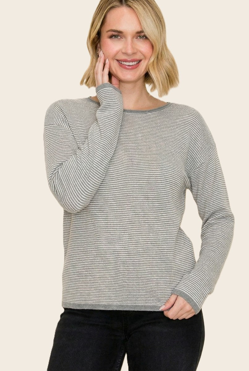 Grey Striped Waffle Knit Sweater
