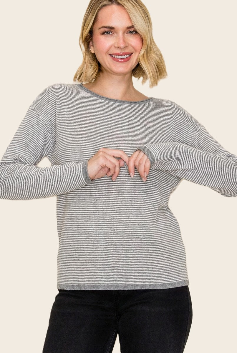 Grey Striped Waffle Knit Sweater
