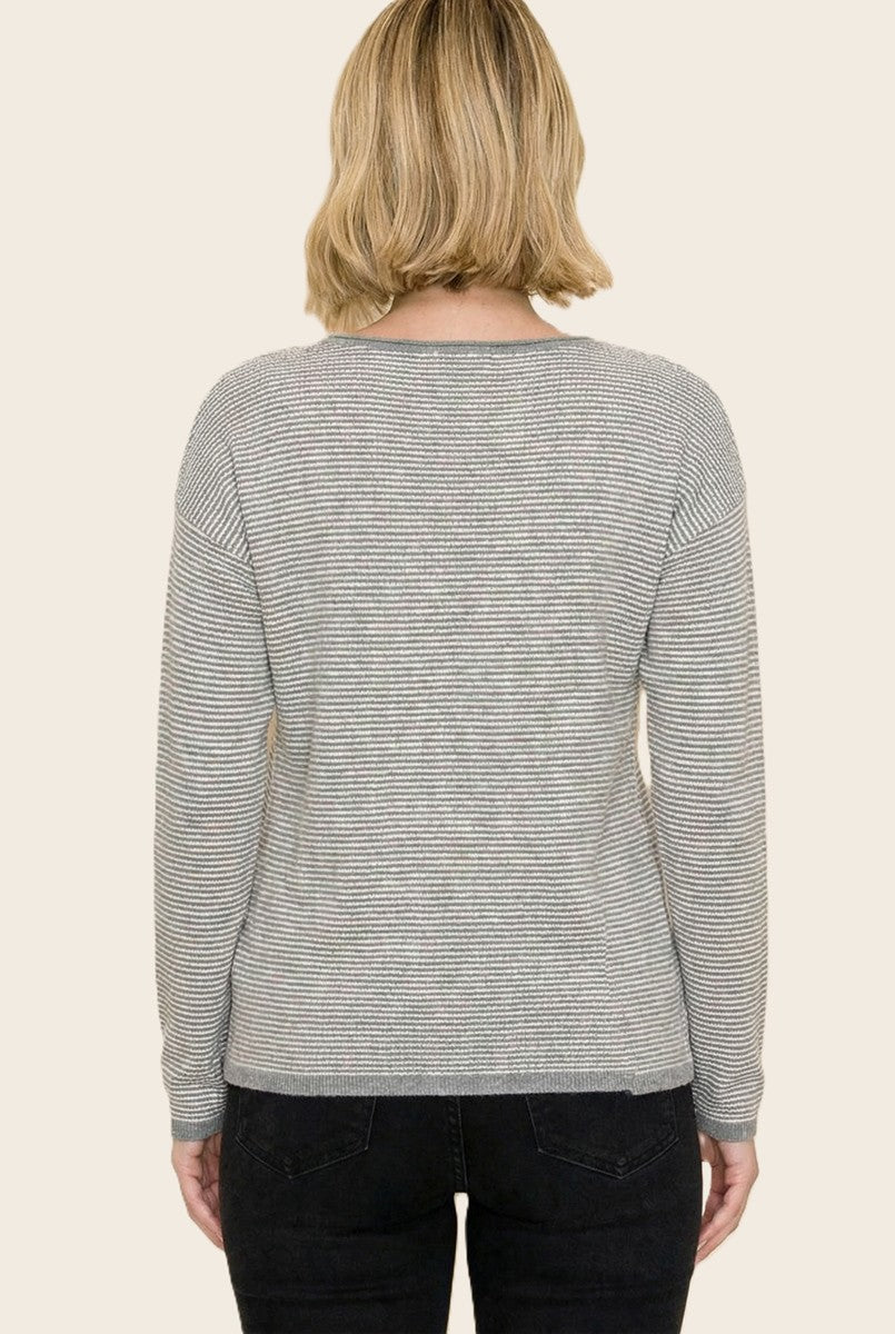 Grey Striped Waffle Knit Sweater