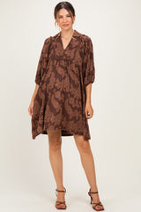 Brown Paisley Puff Sleeve Maternity Dress