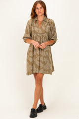 Light Olive Paisley Puff Sleeve Dress