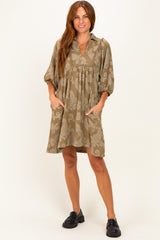 Light Olive Paisley Puff Sleeve Dress