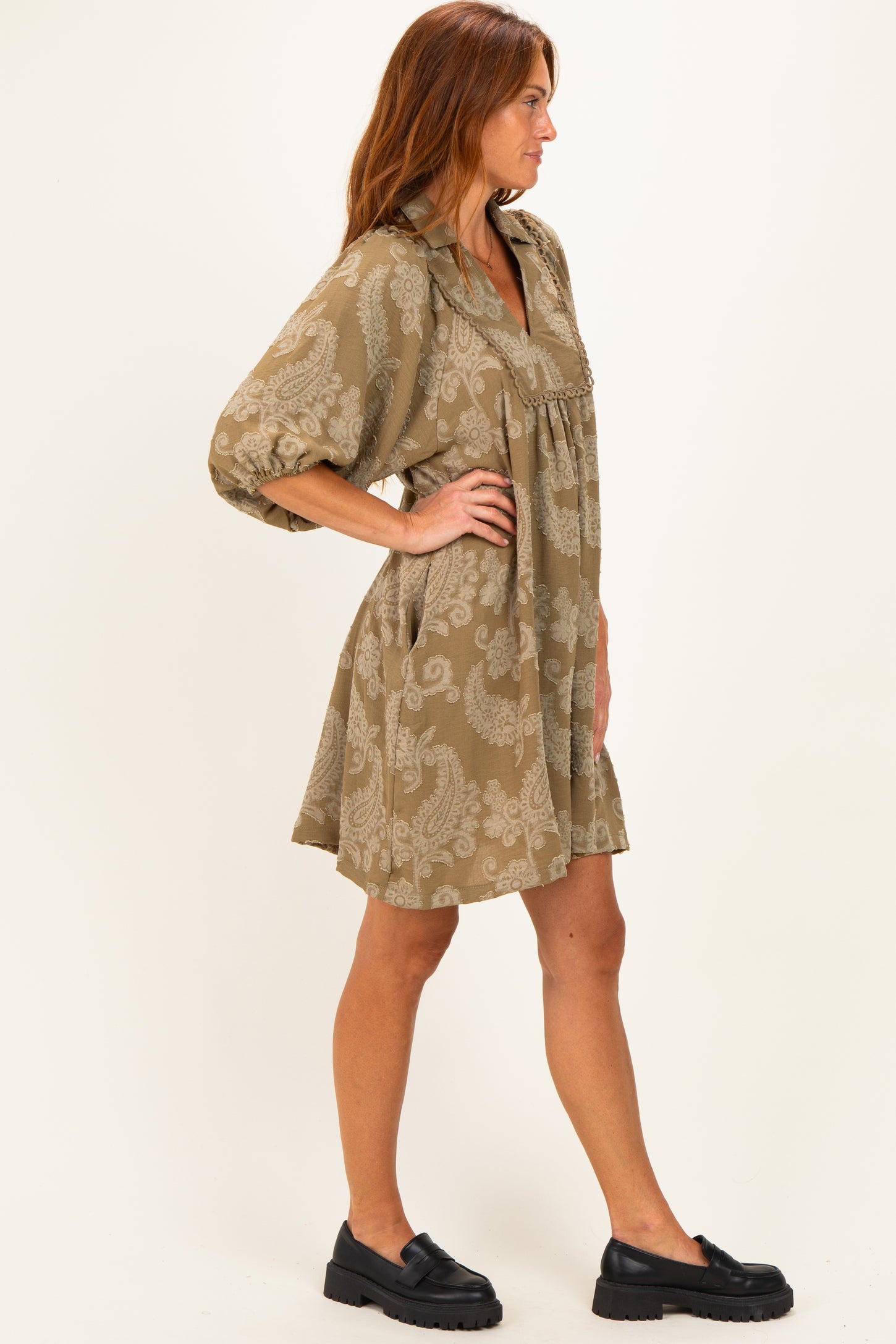 Light Olive Paisley Puff Sleeve Dress