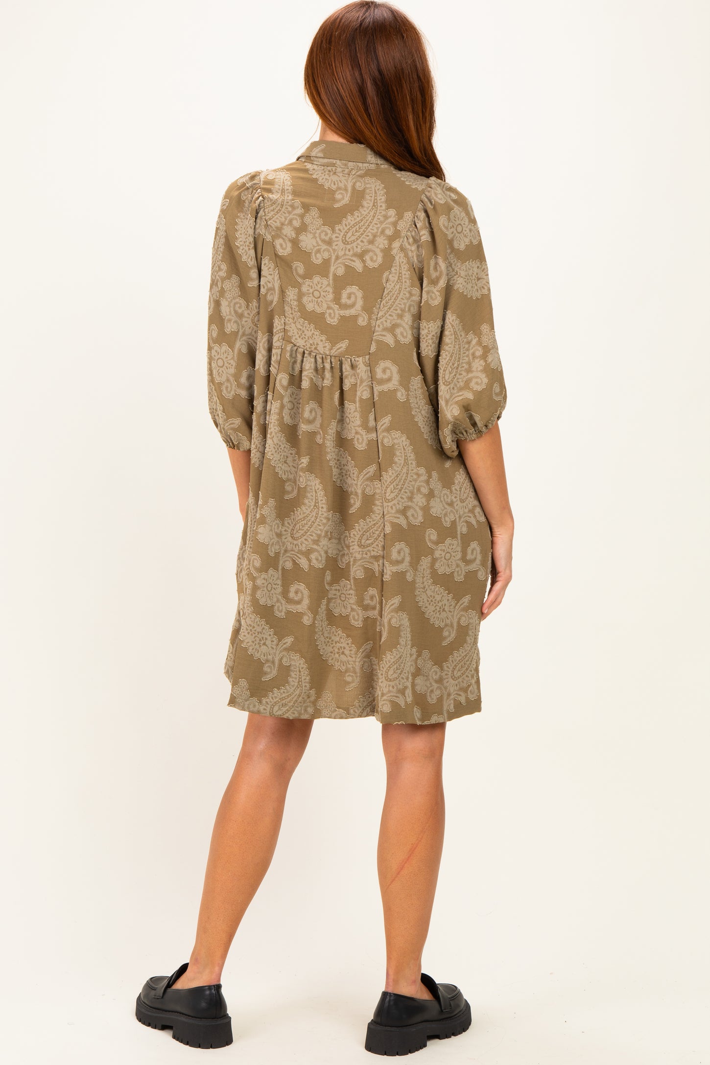 Light Olive Paisley Puff Sleeve Dress