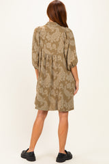 Light Olive Paisley Puff Sleeve Dress