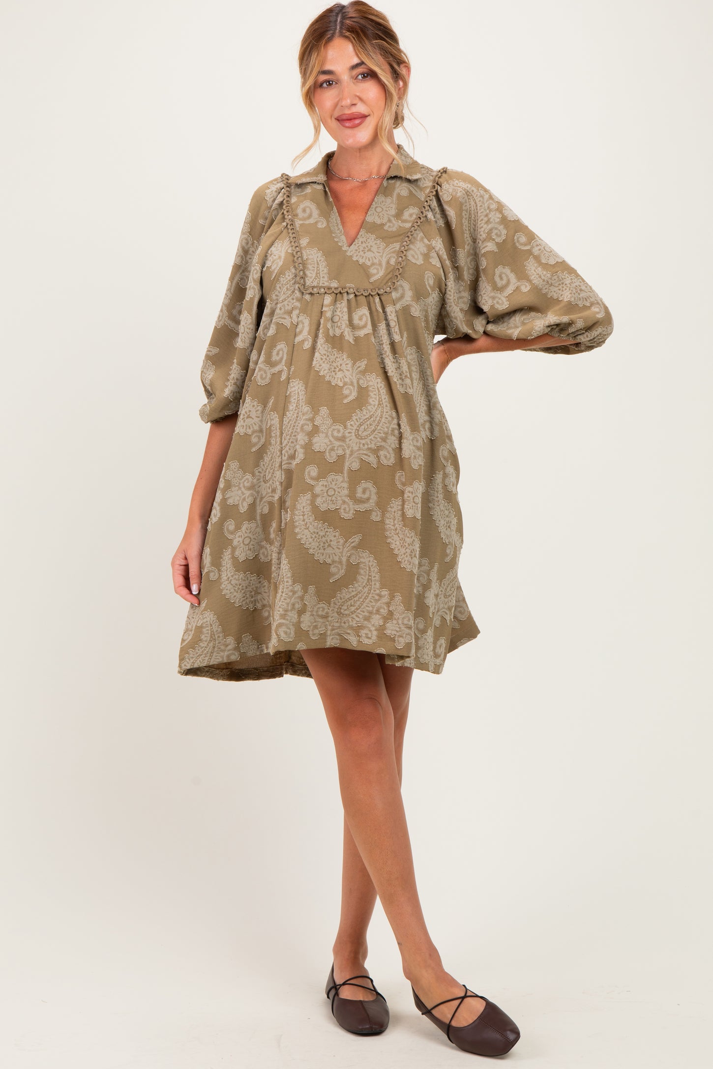 Light Olive Paisley Puff Sleeve Maternity Dress