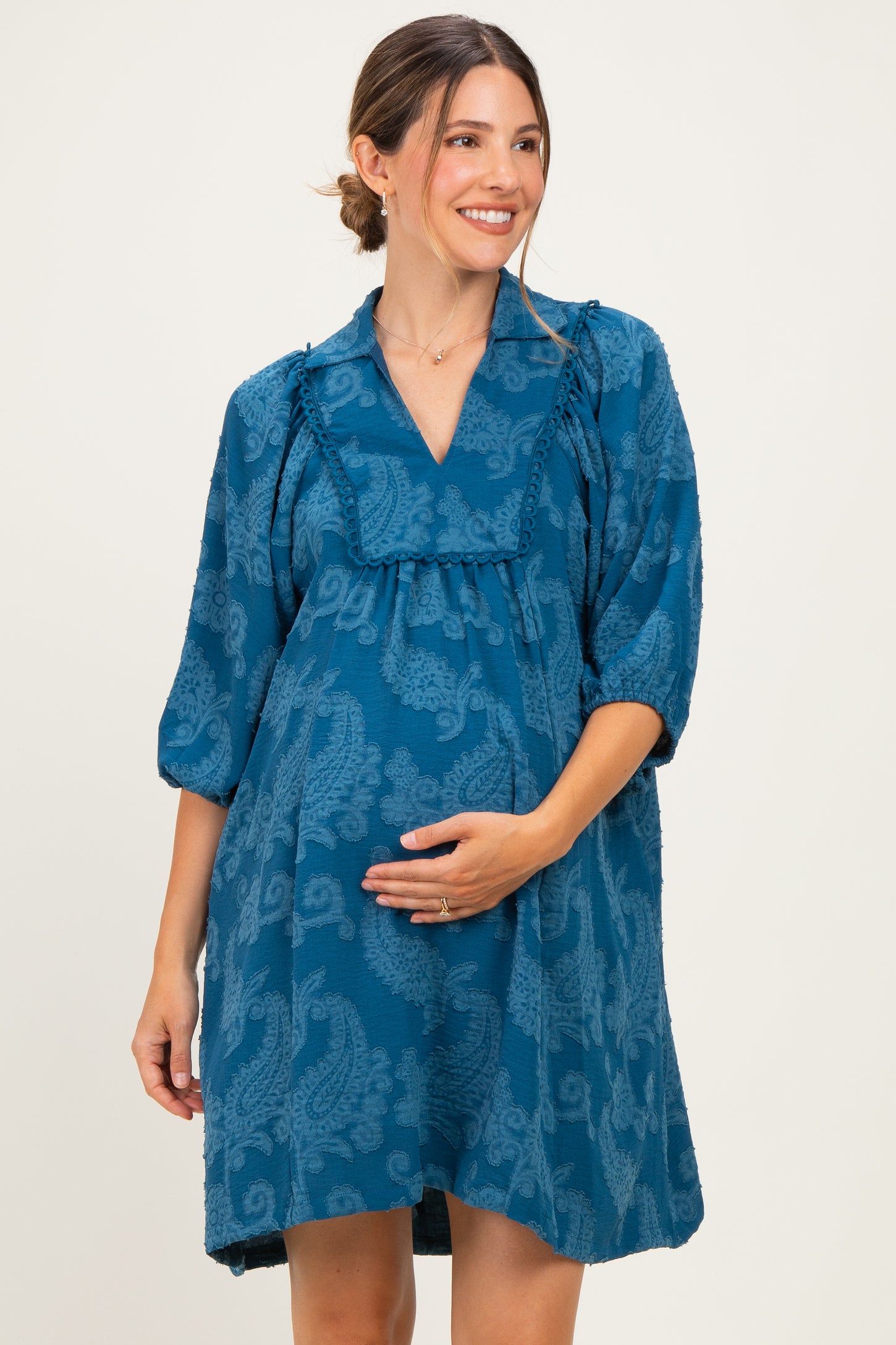 Blue Paisley Puff Sleeve Maternity Dress