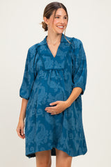 Blue Paisley Puff Sleeve Maternity Dress