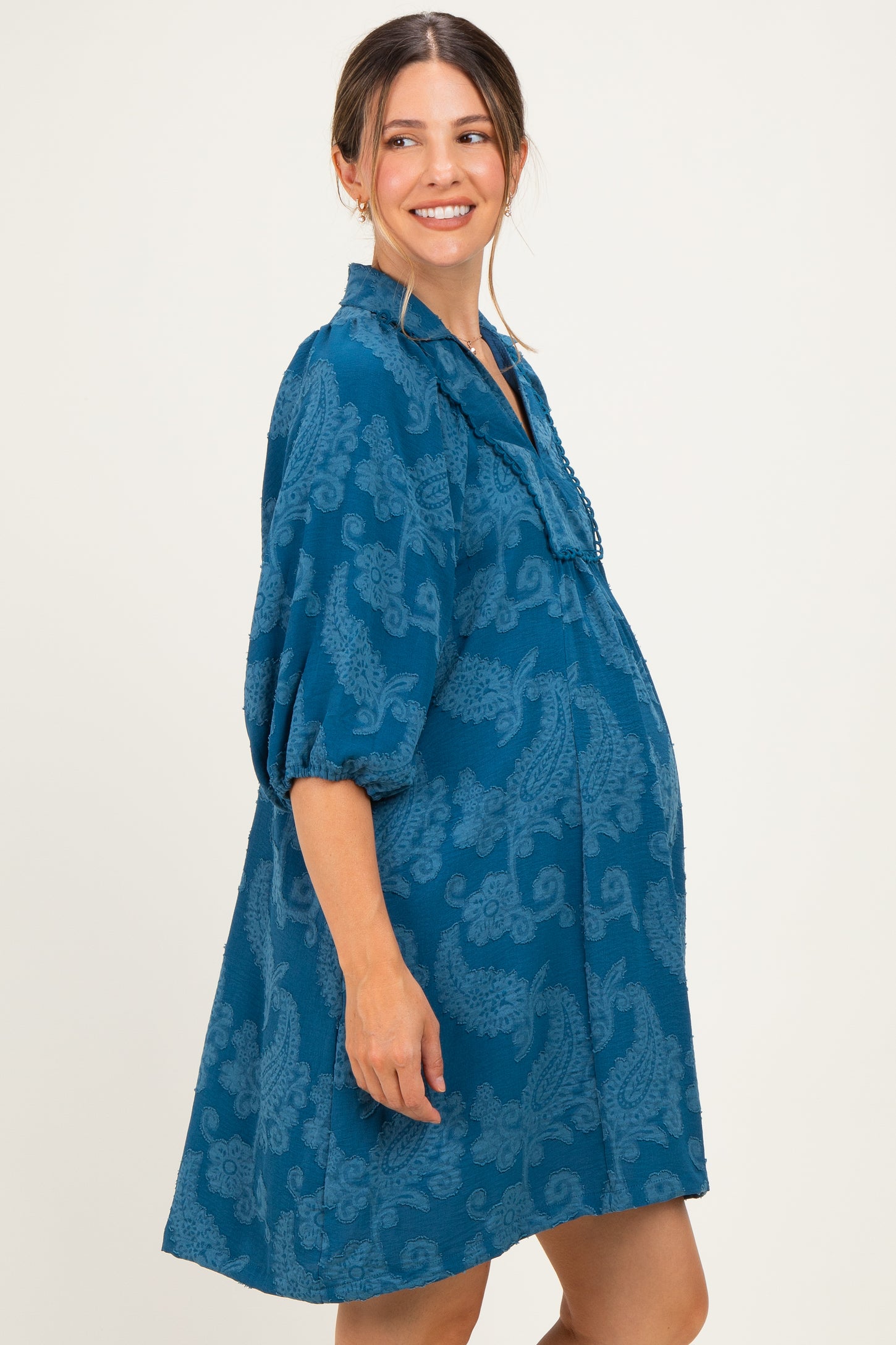 Blue Paisley Puff Sleeve Maternity Dress