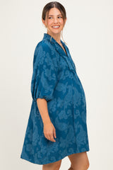 Blue Paisley Puff Sleeve Maternity Dress