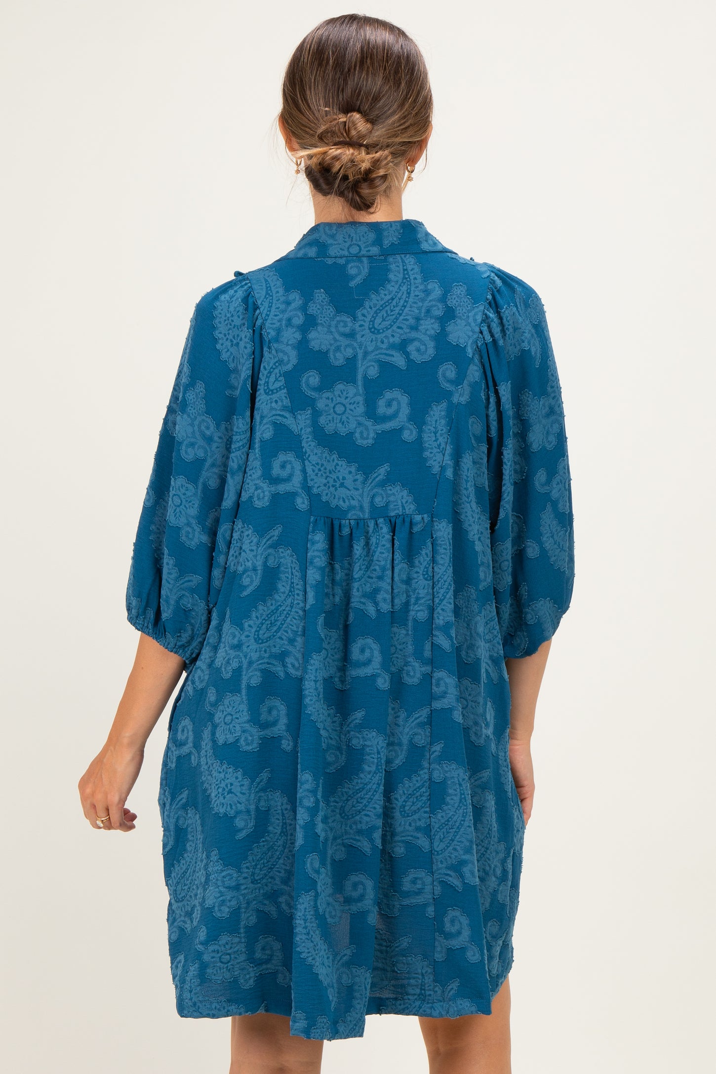 Blue Paisley Puff Sleeve Maternity Dress