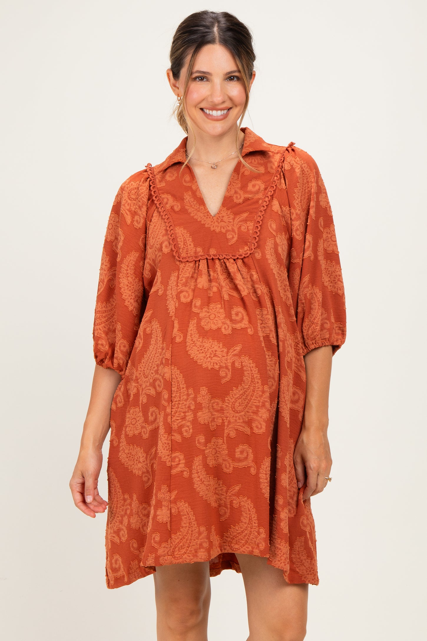 Rust Paisley Puff Sleeve Maternity Dress
