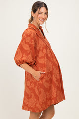 Rust Paisley Puff Sleeve Maternity Dress