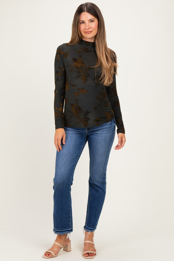 Olive Velvet Floral Mock Neck Maternity Top