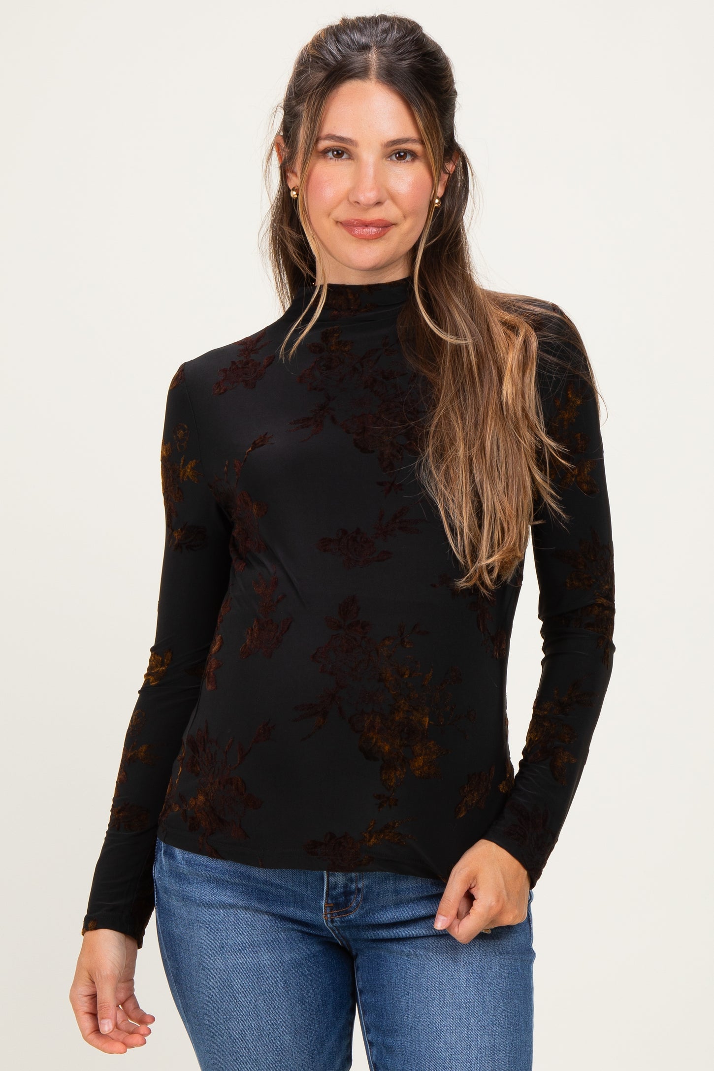 Black Velvet Floral Mock Neck Maternity Top