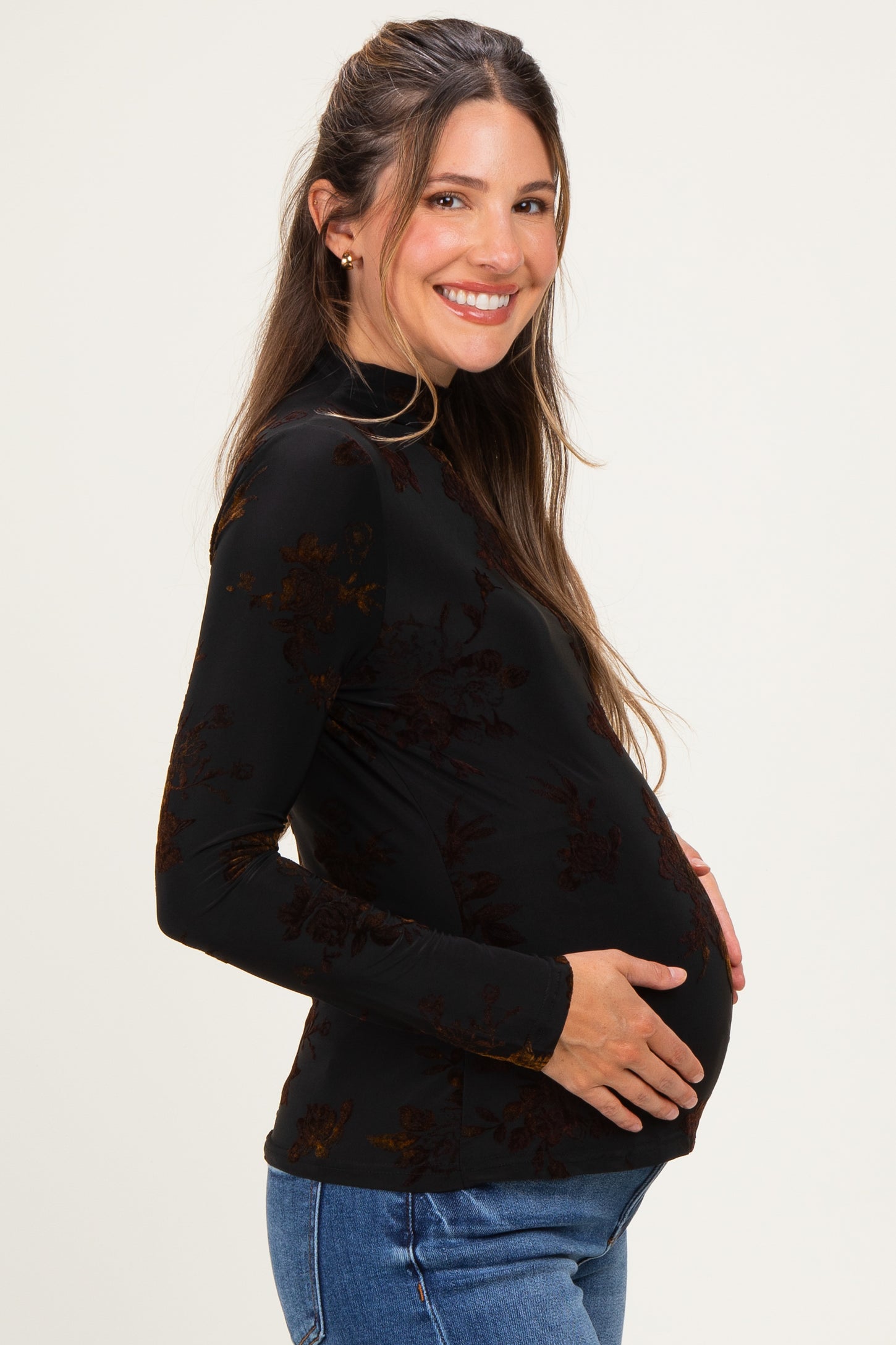 Black Velvet Floral Mock Neck Maternity Top
