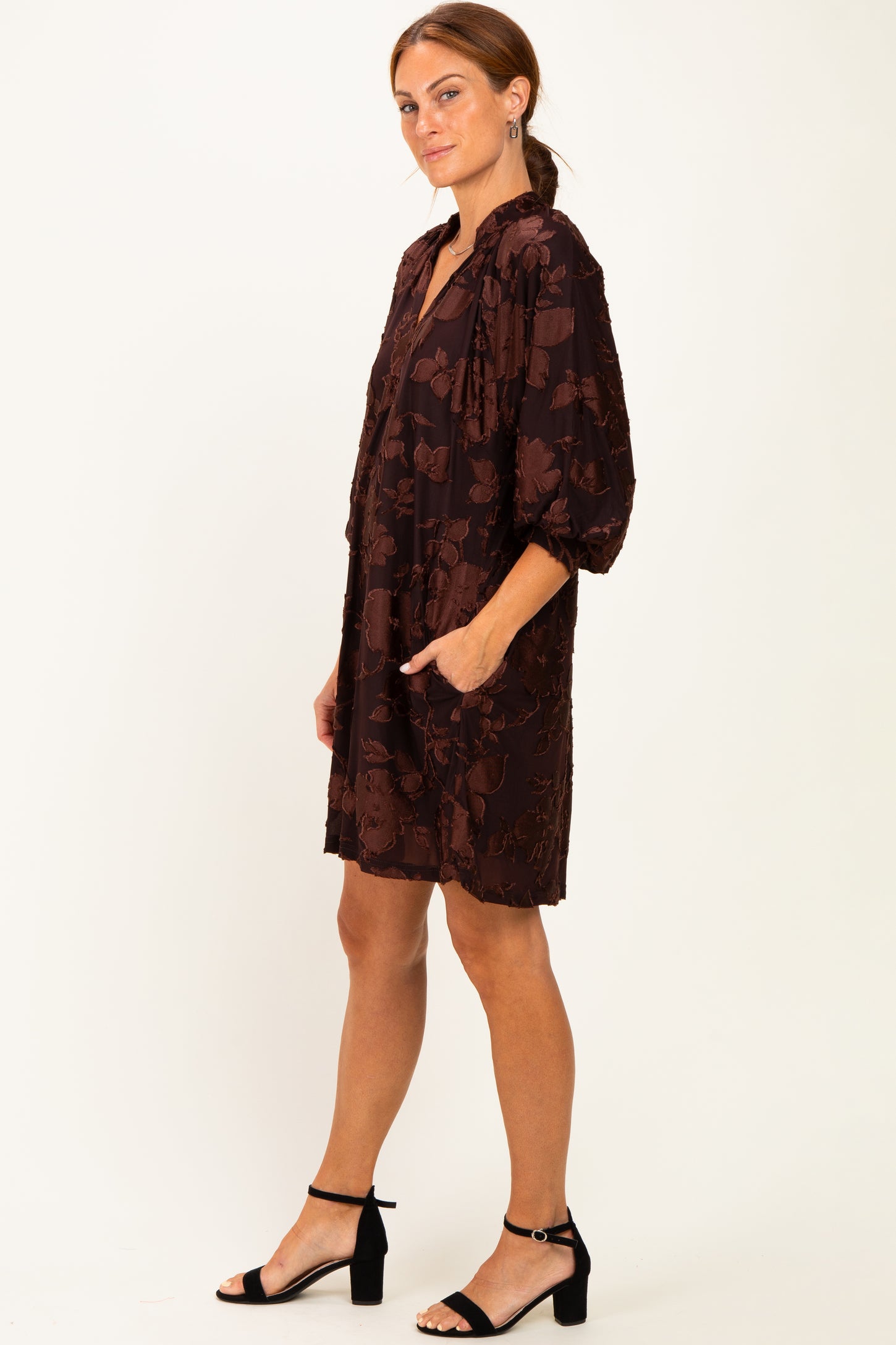 Brown Floral Velvet Dress