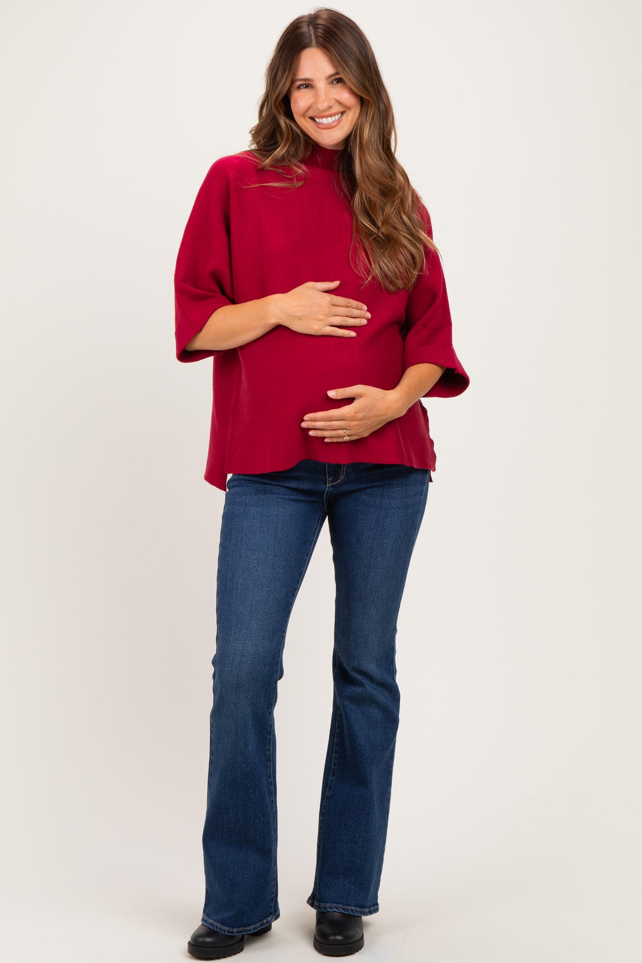Red Mock Neck Dolman Short Sleeve Maternity Top