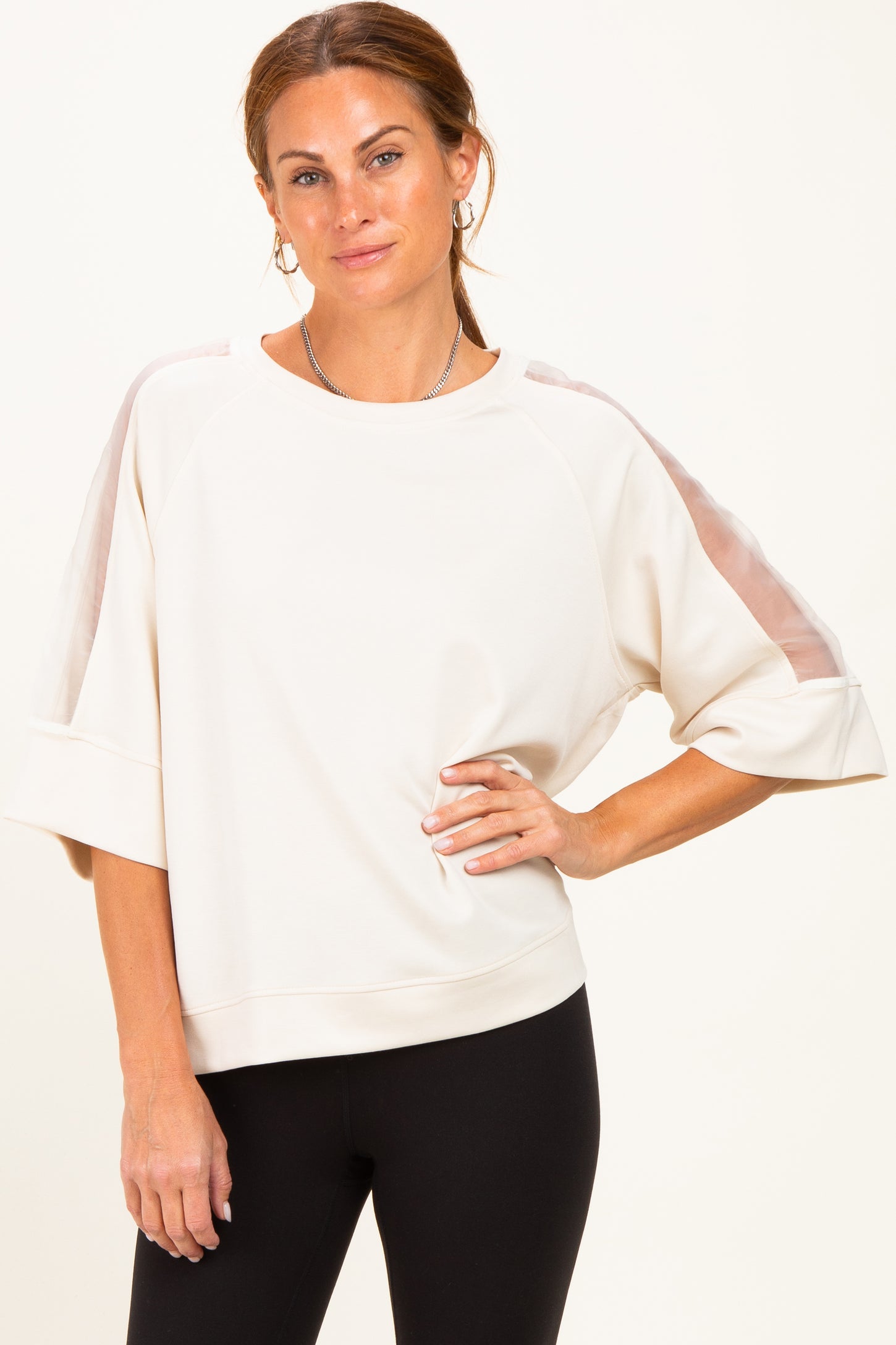 Cream Mesh Shoulder Short Sleeve Maternity Top
