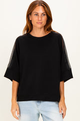 Black Mesh Shoulder Short Sleeve Top