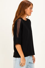 Black Mesh Shoulder Short Sleeve Top