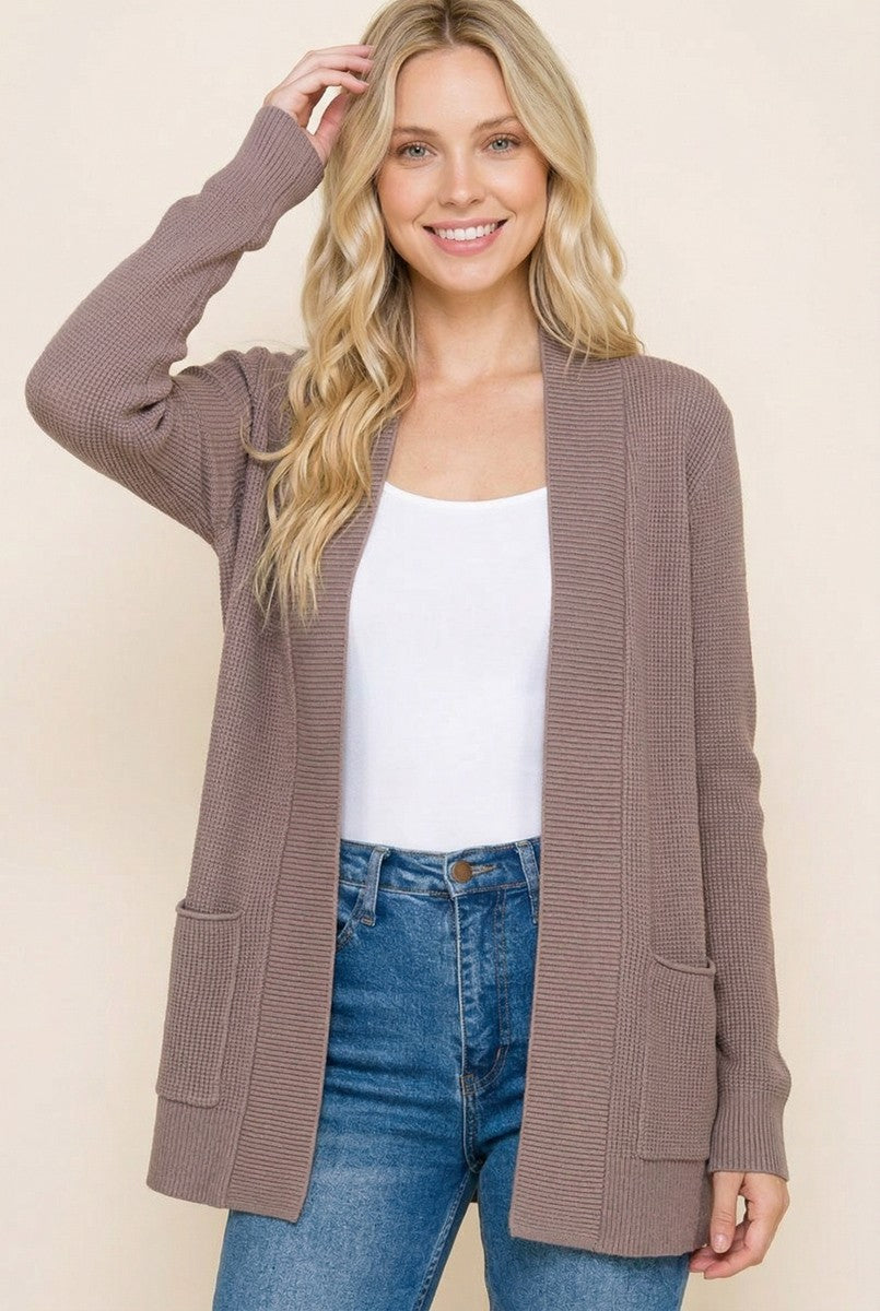 Taupe Mini Waffle Knit Sweater Cardigan